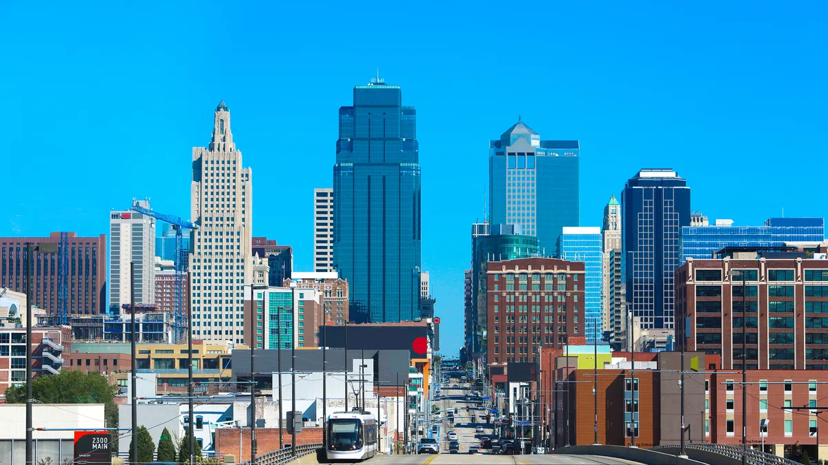 Aerial view of Kansas City with a KC Streetcar present in street