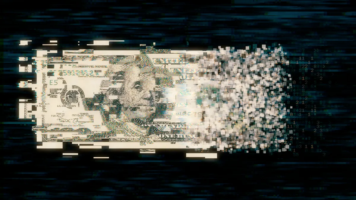 Pixelated U.S. paper currency on dark background