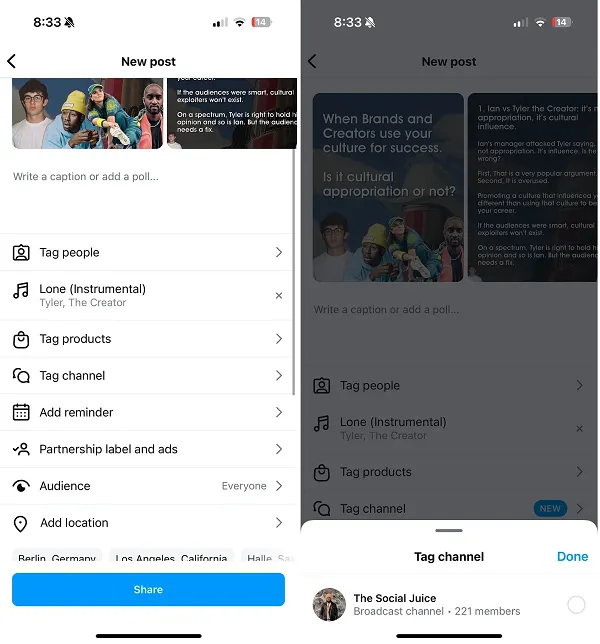 Instagram tag channel