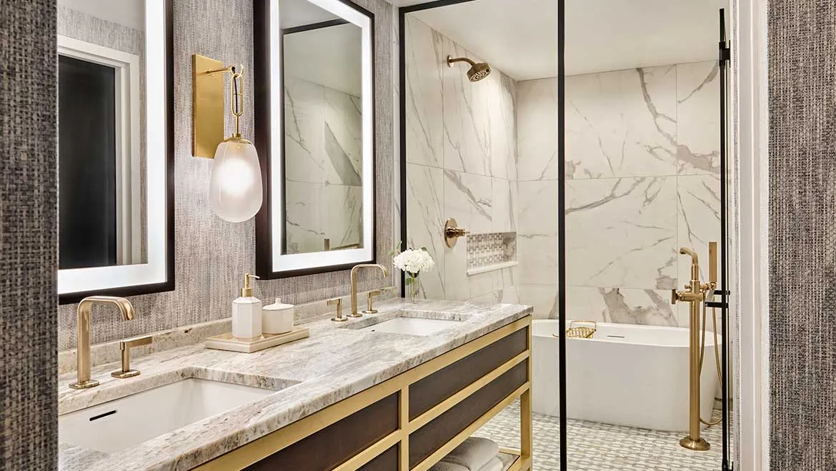 The guest room bathroom at the Omni Parker House following its recent restoration.
