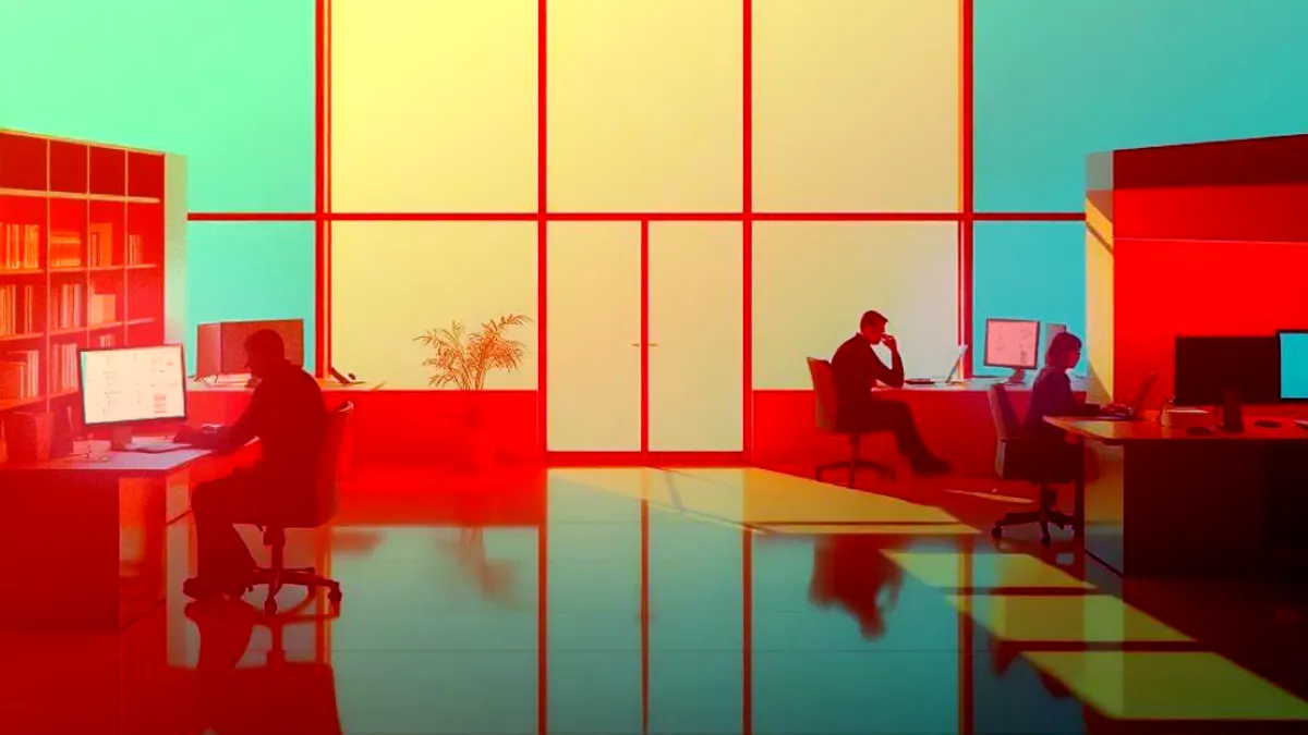 A modern office space with several people working at their desks.