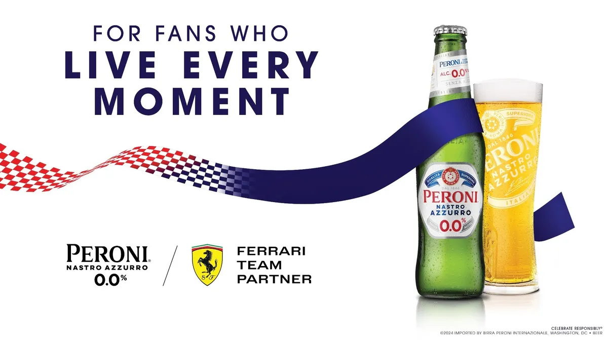 A white background with a bottle of Peroni 0.0% and a glass filled with the beer.