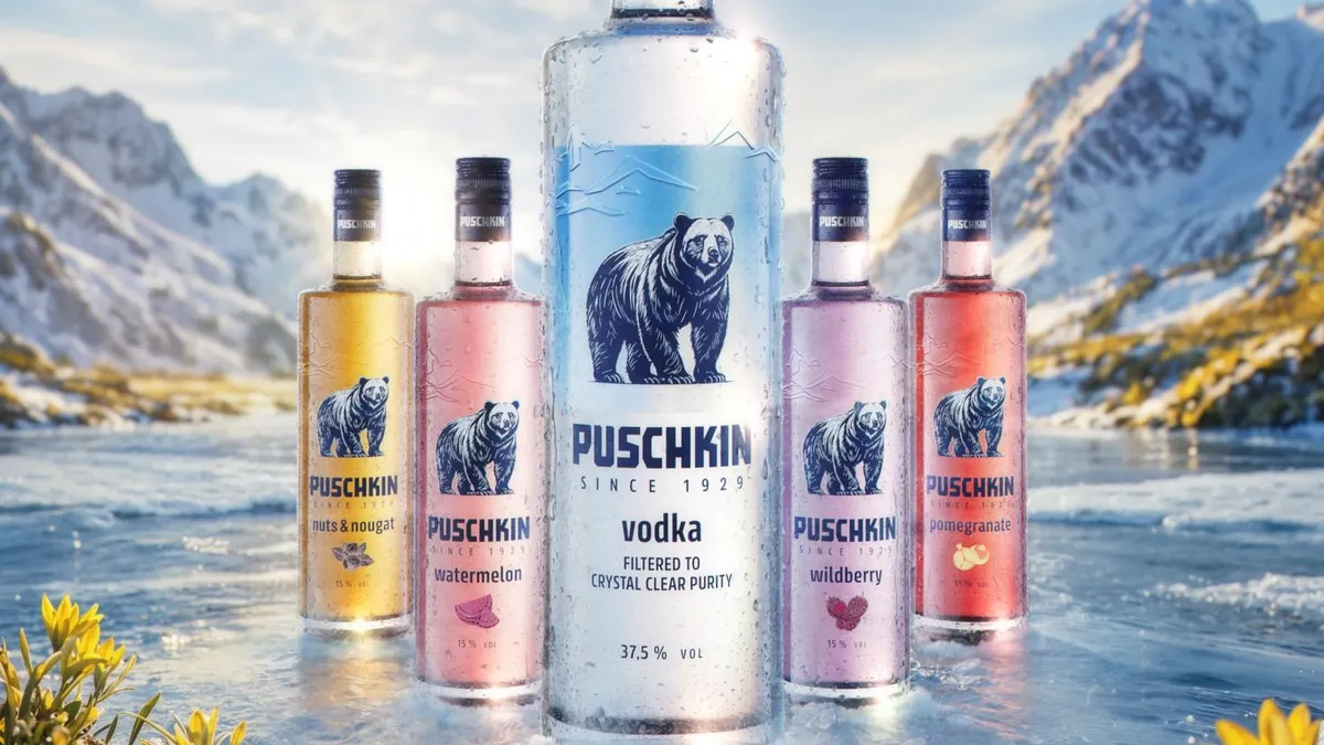 Bottles of Puschkin vodka are displayed next to each other against a scenic mountain background.