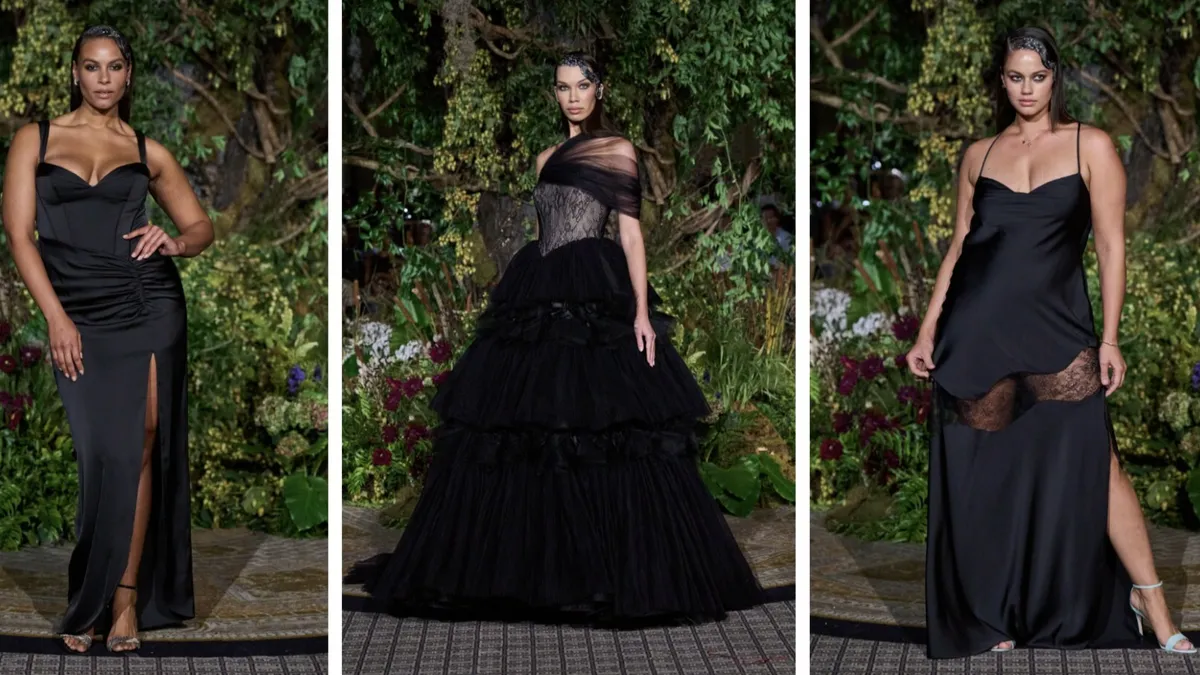 Three black gowns as worn by three models.