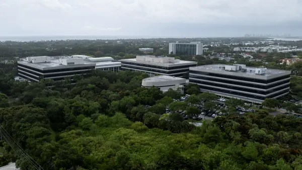 An aerial view of several buildings.