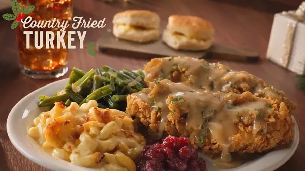 Country fried turkey sits on a table in a Cracker Barrel ad