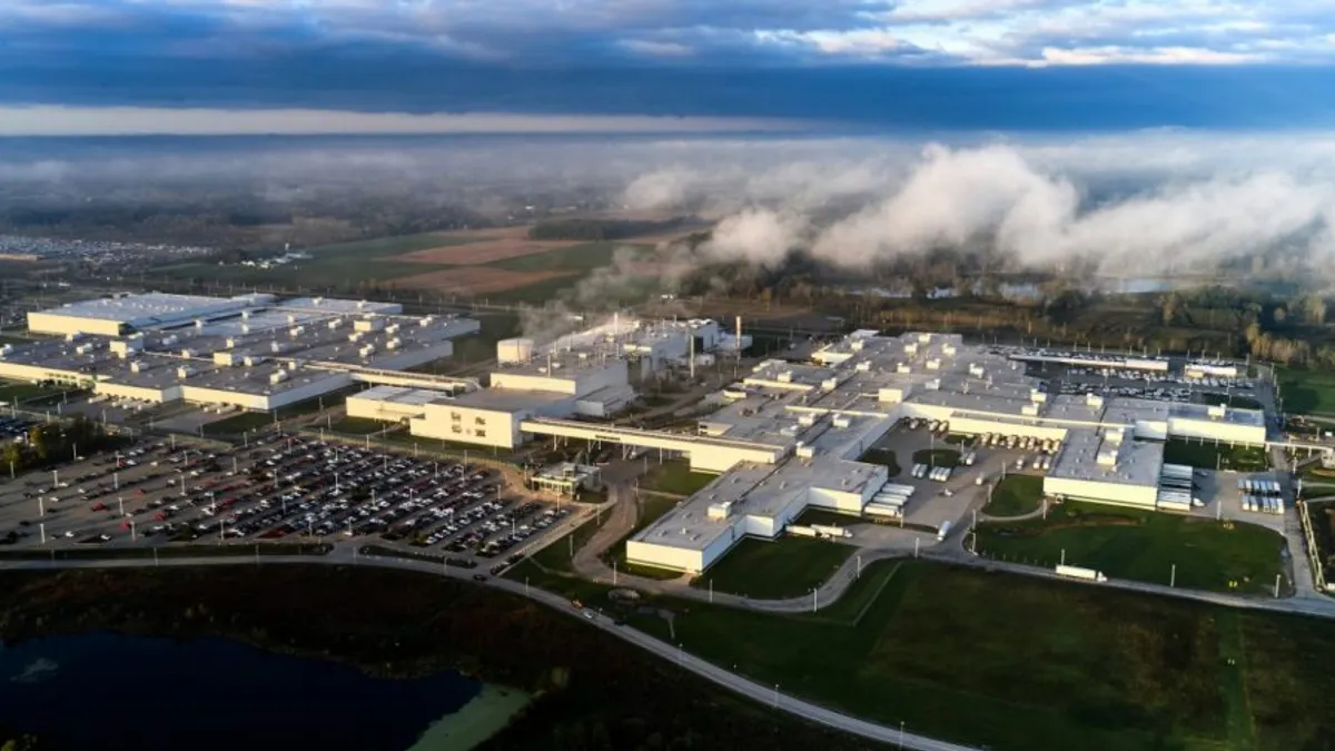 An aerial view of the General Motors, Lansing Delta Township Assembly Plant in Michigan.
