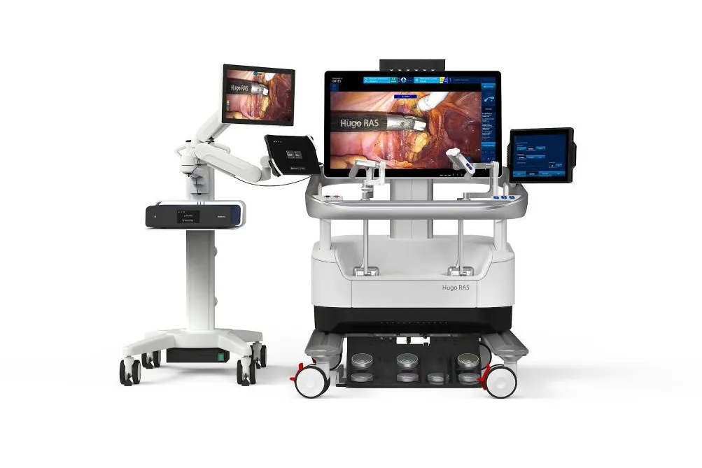 The console of Medtronic's Hugo surgical robot is shown with the Touch Surgery Aide computing platform.