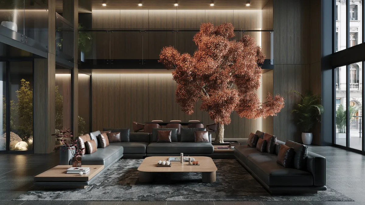 A lounge room with a large wooden wall behind a tree.