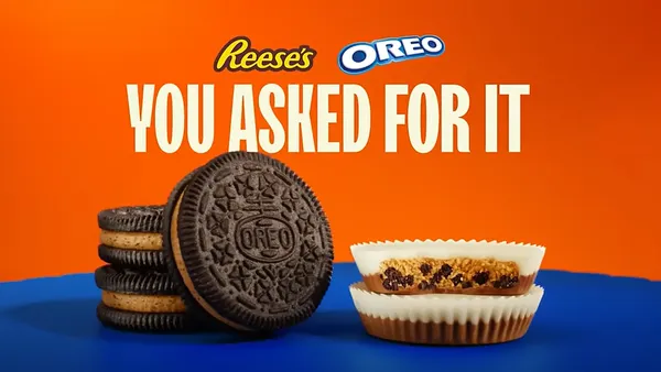 Collaborative Reese's-Oreo products sit in front of a blue-orange background