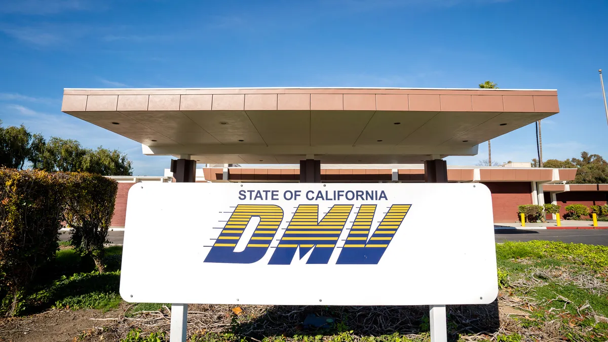 A California Department of Motor Vehicles sign outside an office in Fullerton.