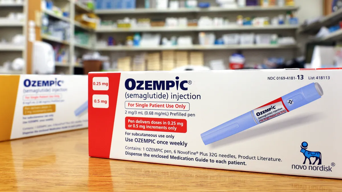 Boxes of the diabetes drug Ozempic are seen on a pharmacy counter.