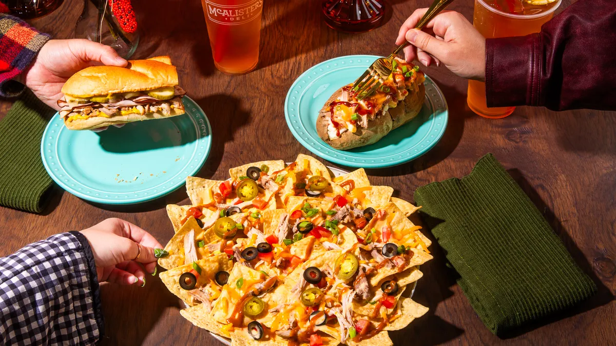 An image of various menu items with honey barbecue pork from McAlister's Deli.