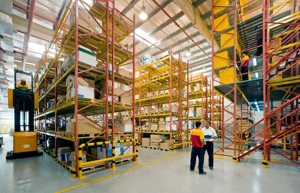 Workers talk while a man uses a piece of equipment to reach higher levels of a storage area.