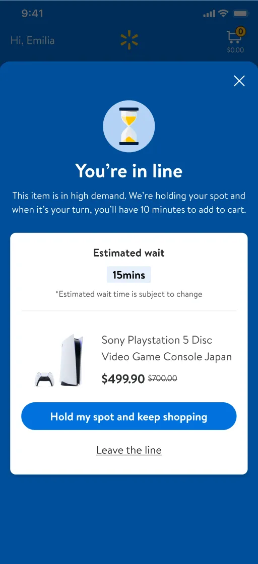 Screenshot of the Walmart app saying a user is in line to purchase an item