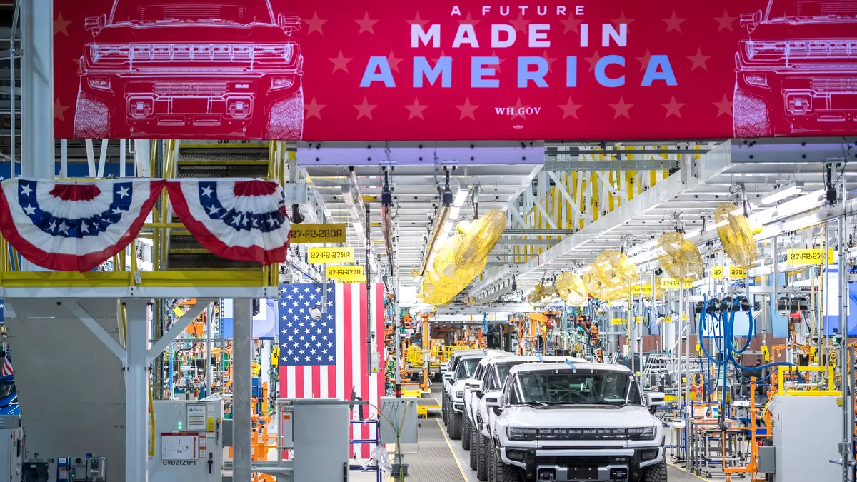 A general view of GMC Hummer EVs on November 17, 2021 at General Motors' Factory ZERO electric vehicle assembly plant in Detroit, Michigan