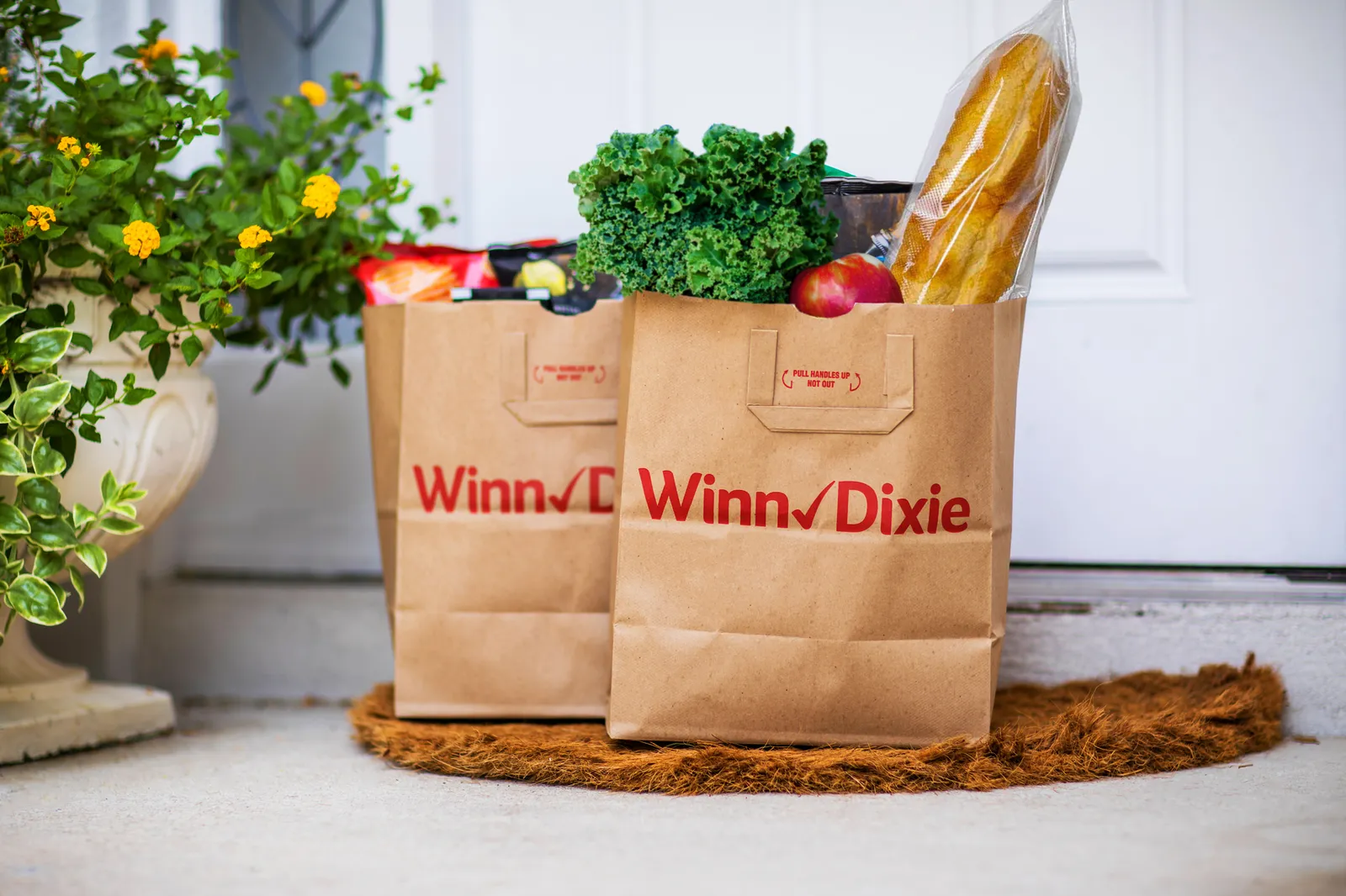 Brown paper bags of grocery products from Winn-Dixie sitting on a doorstep