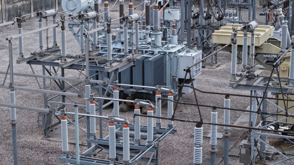 An aerial view of an electrical substation.