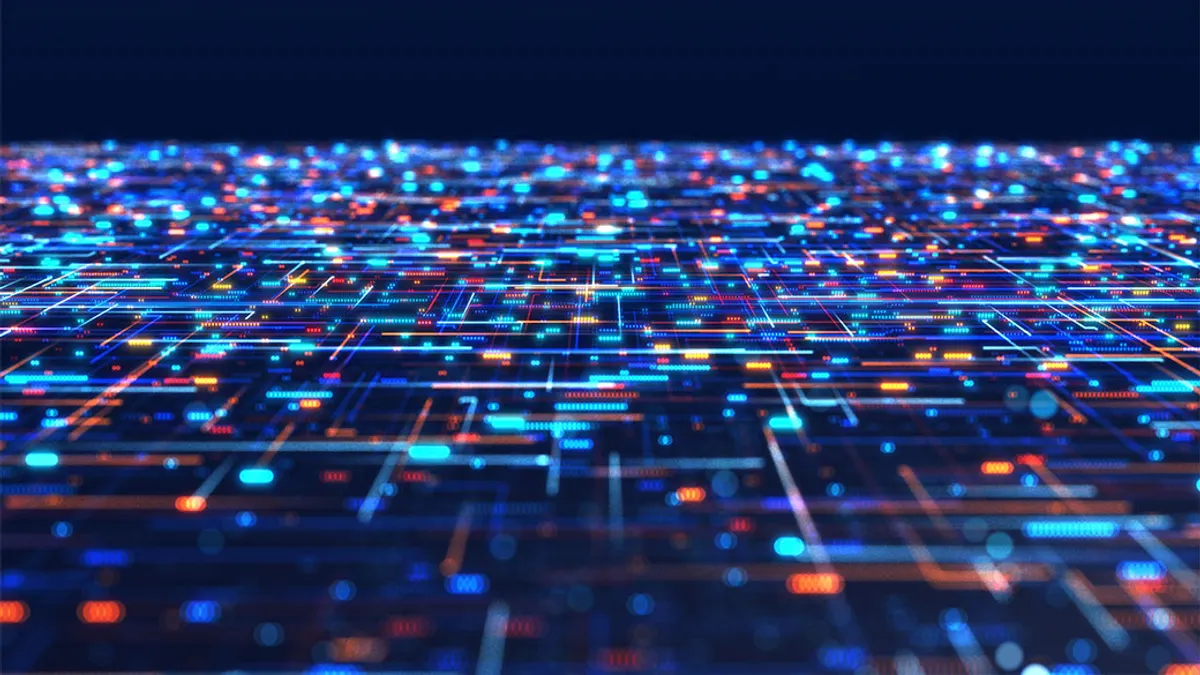 Futuristic circuit panel with a glowing blue and orange led lights