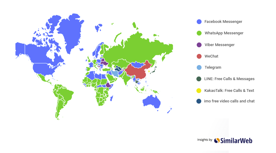 Map of the most used messaging apps across the world