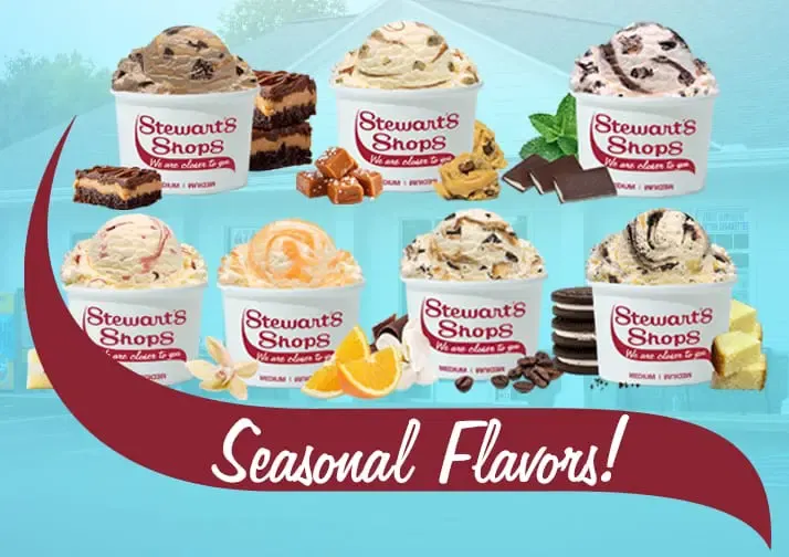 A photo showing seven dishes of ice cream, each surrounded by incredients like after dinner mints or orange slices, against a background that's a photo of a convenience store with a blue gradiant over it. Text on the cups says Stewart's Shops and a banner along the bottom says seasonal flavors.