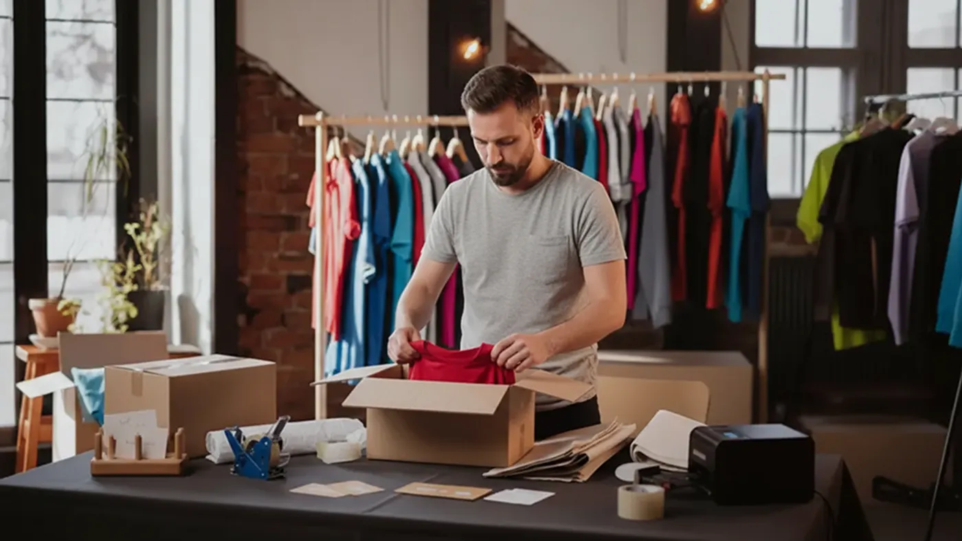 A man is organizing clothes by putting them into a box, preparing for packing or moving.