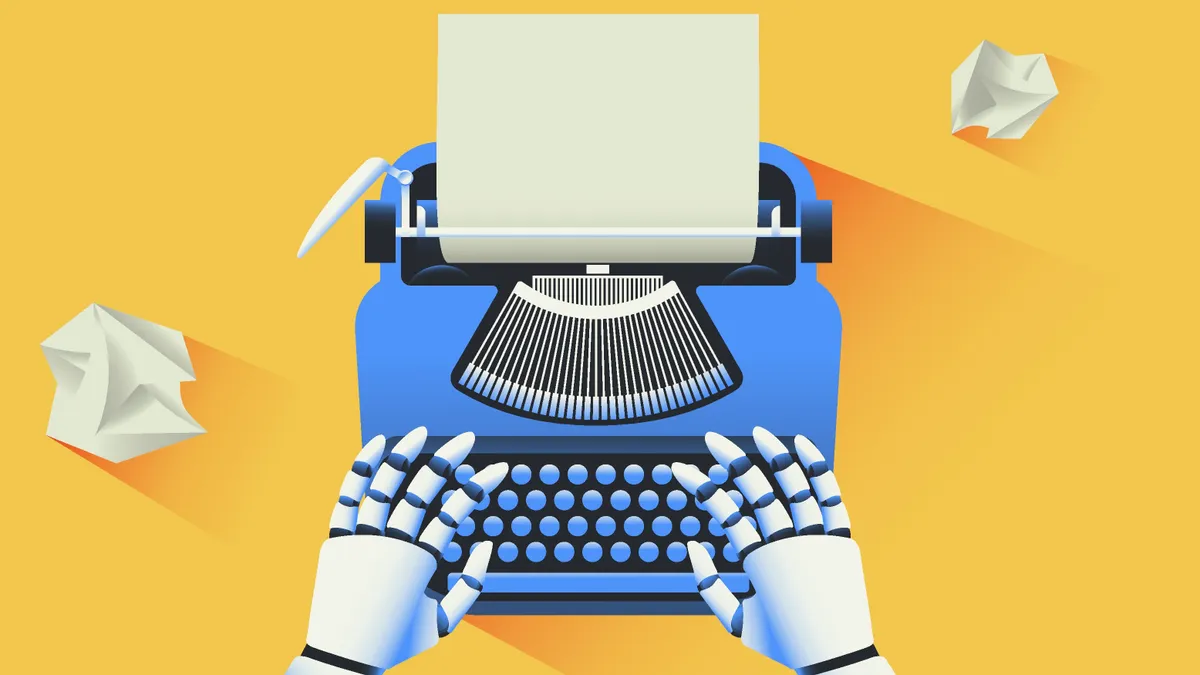 Robot typing text on a typewriter. AI concept.