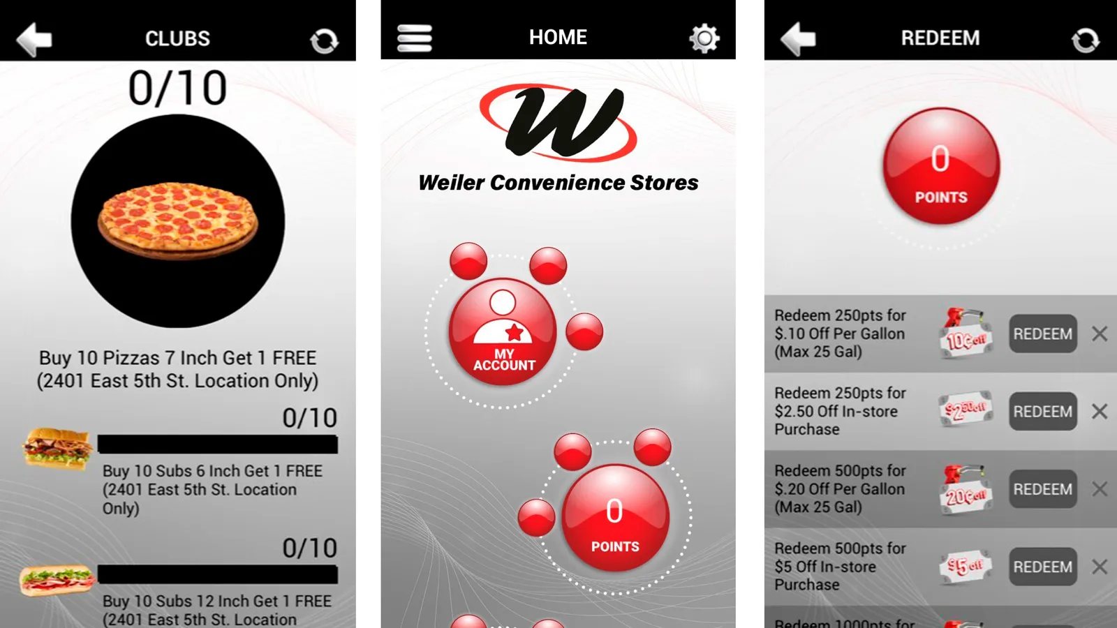 Screenshots from the Weiler Rewards app showing the main screen and two of the rewards screens.