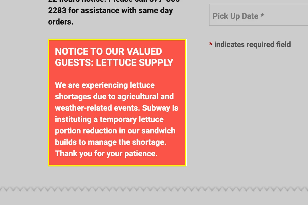 Screenshot of a customer notice on Subway website.