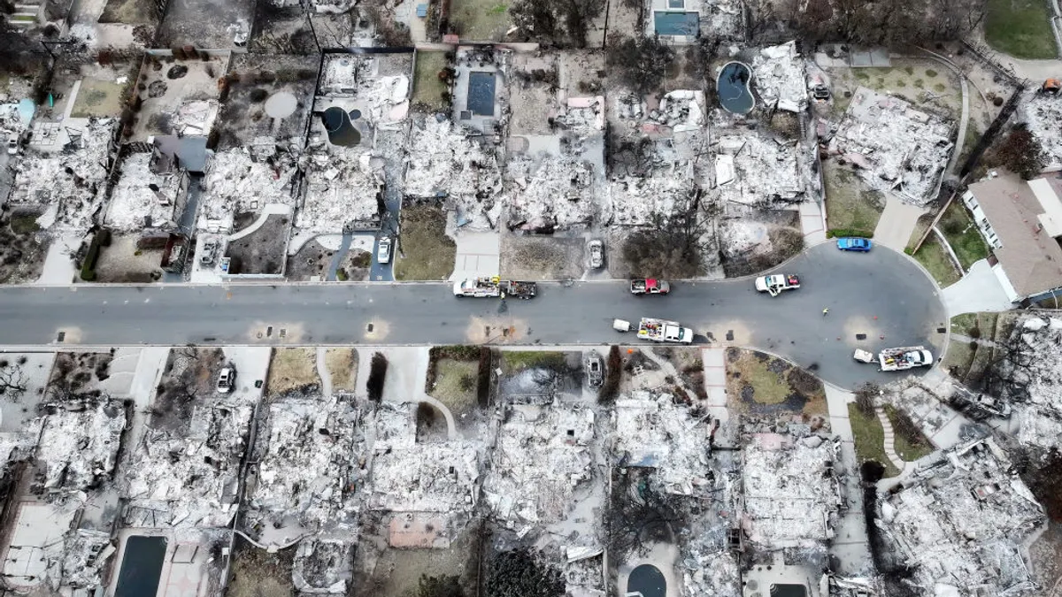 Multiples rows of homes burned in California fires.