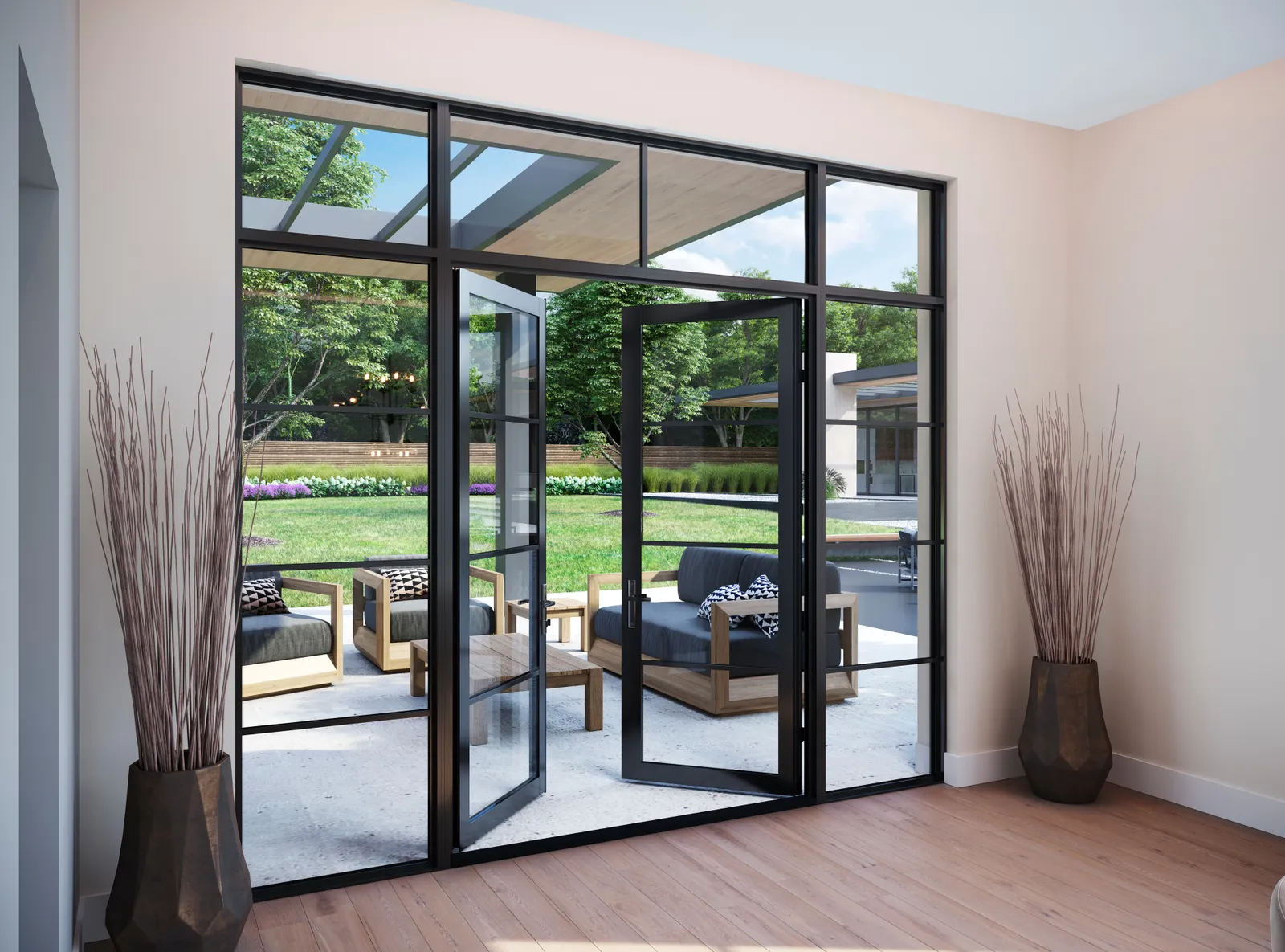 A patio door opening surrounded by windows.