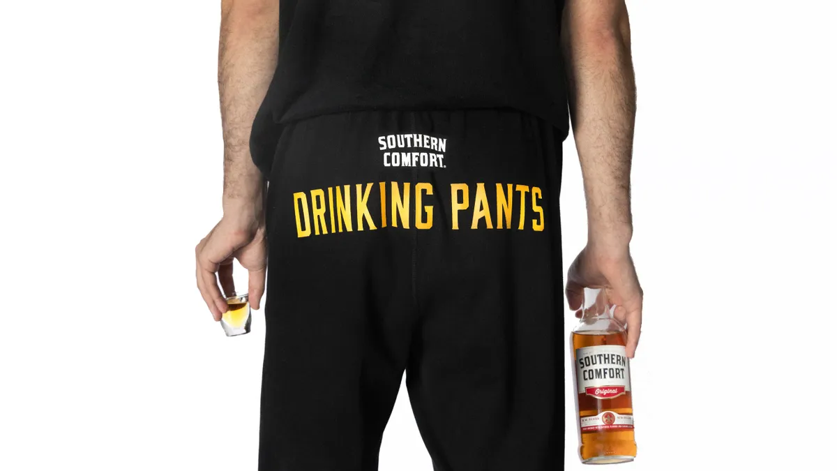 A paid of Southern Comfort drinking pants. A shot is in one pocket.