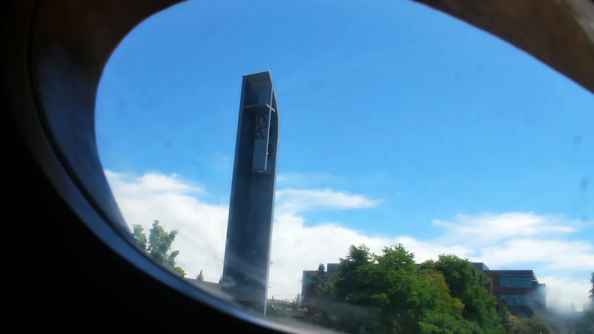 Carillon Seen From Entry Door Window: Chapel of St. Ignatius, Seattle University