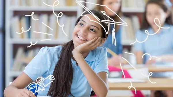 A smiling student daydreaming in class with graduation-themed doodles.