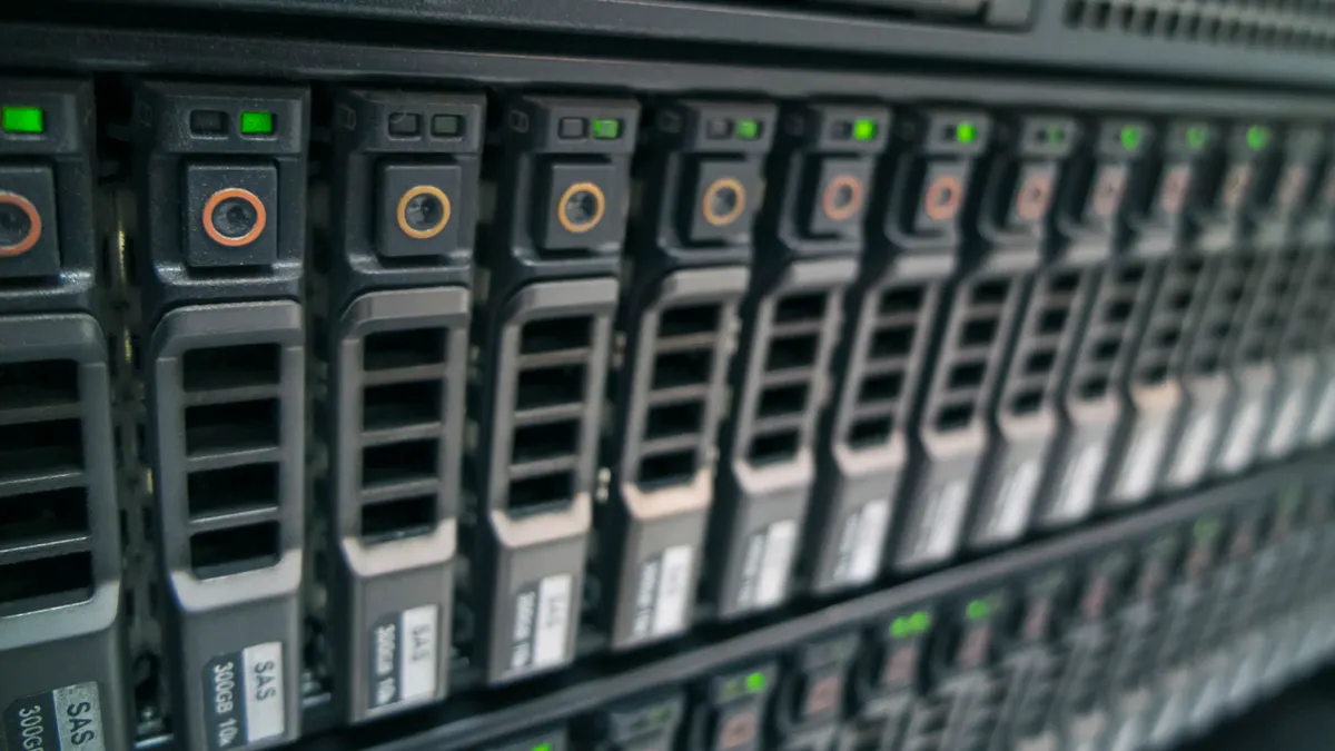 An image of computer servers in a large data center.