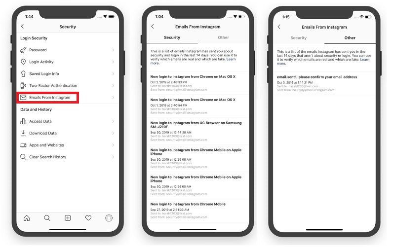 Instagram email confirmation listing