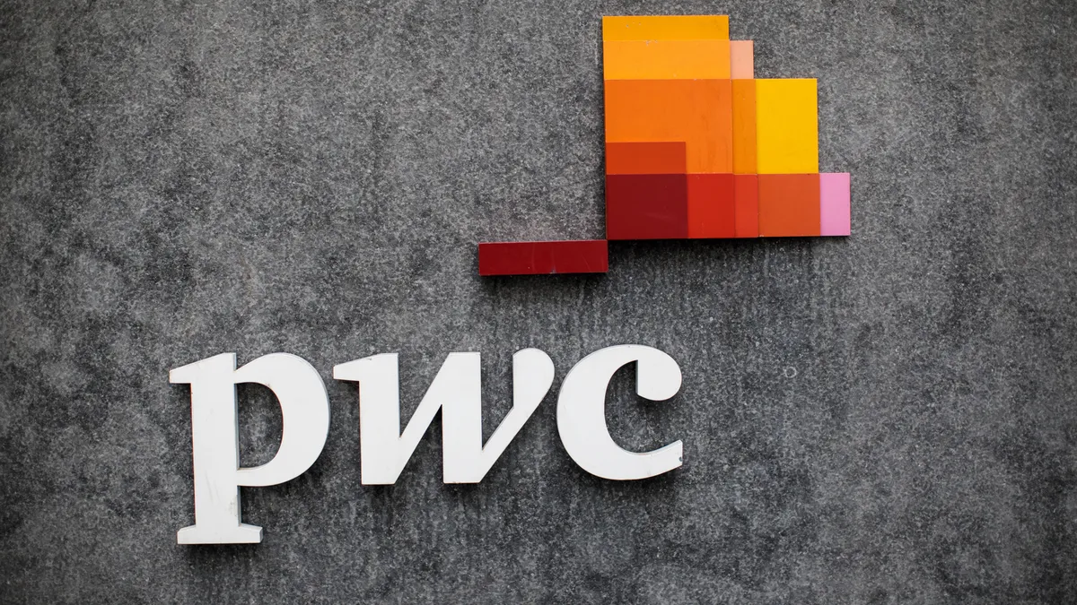 PwC logo outside of London, England