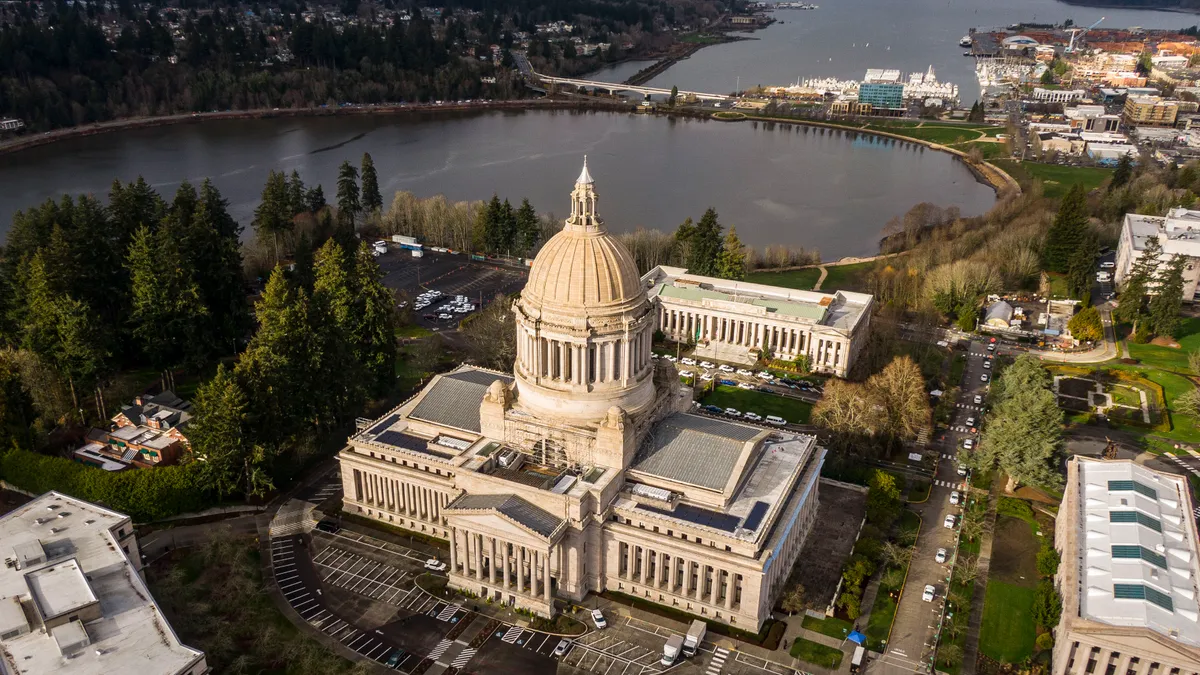 In this aerial view from a drone, the Washington State Capitol