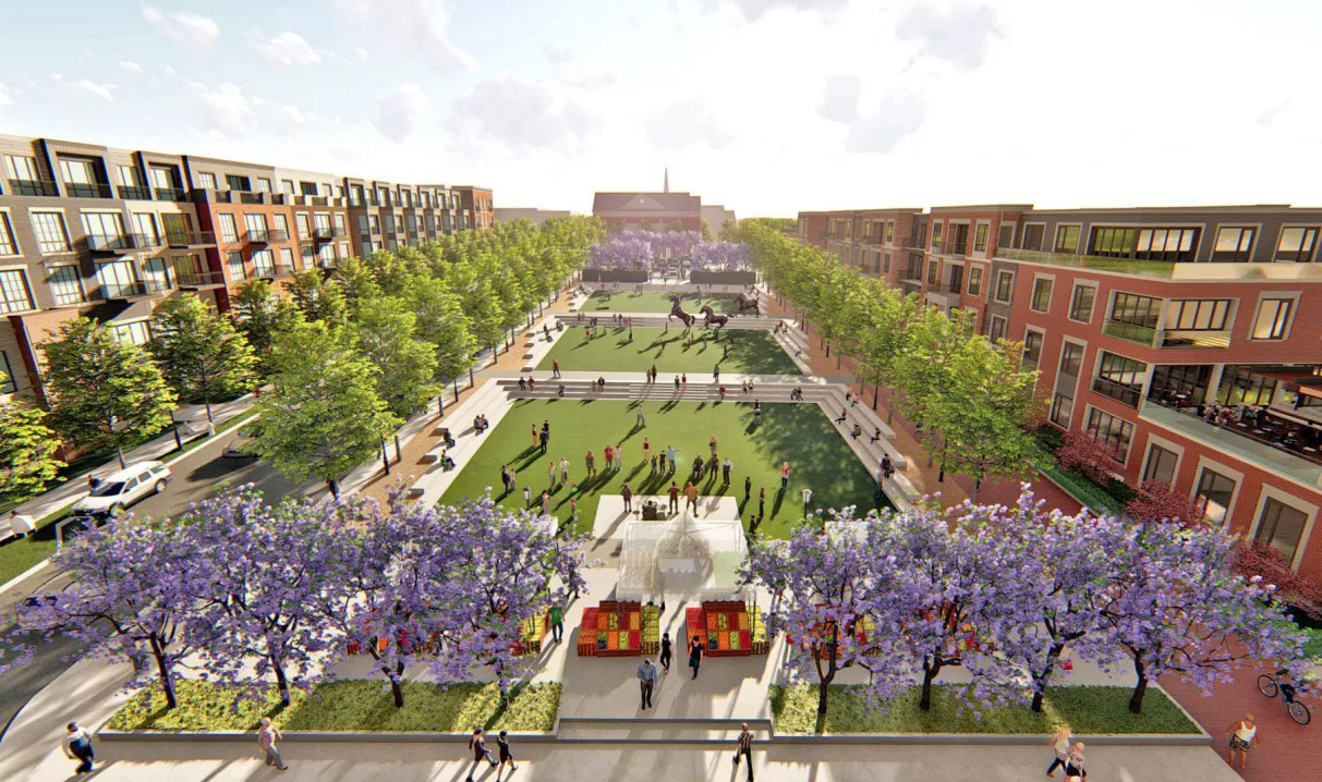 A park between two apartment buildings, with a farmers&#x27; market at the near end.