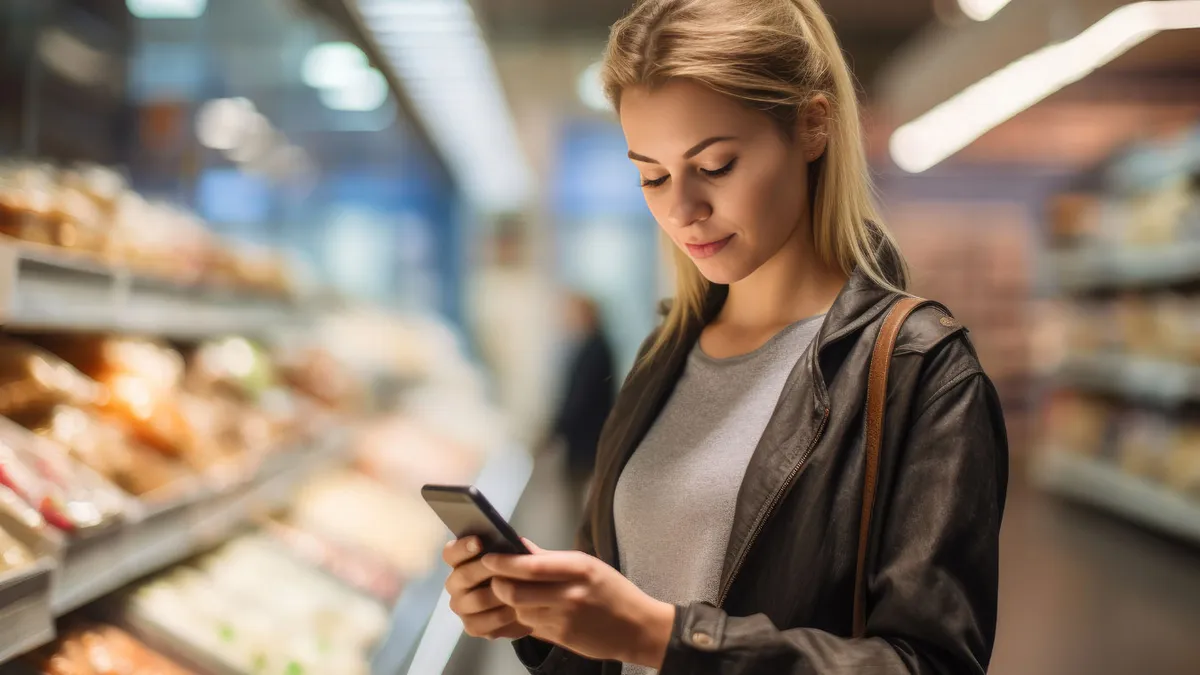 A picture of a person in a store looking at a mobile phone.