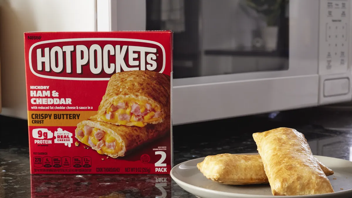 A box of Hot Pockets microwaveable sandwiches.