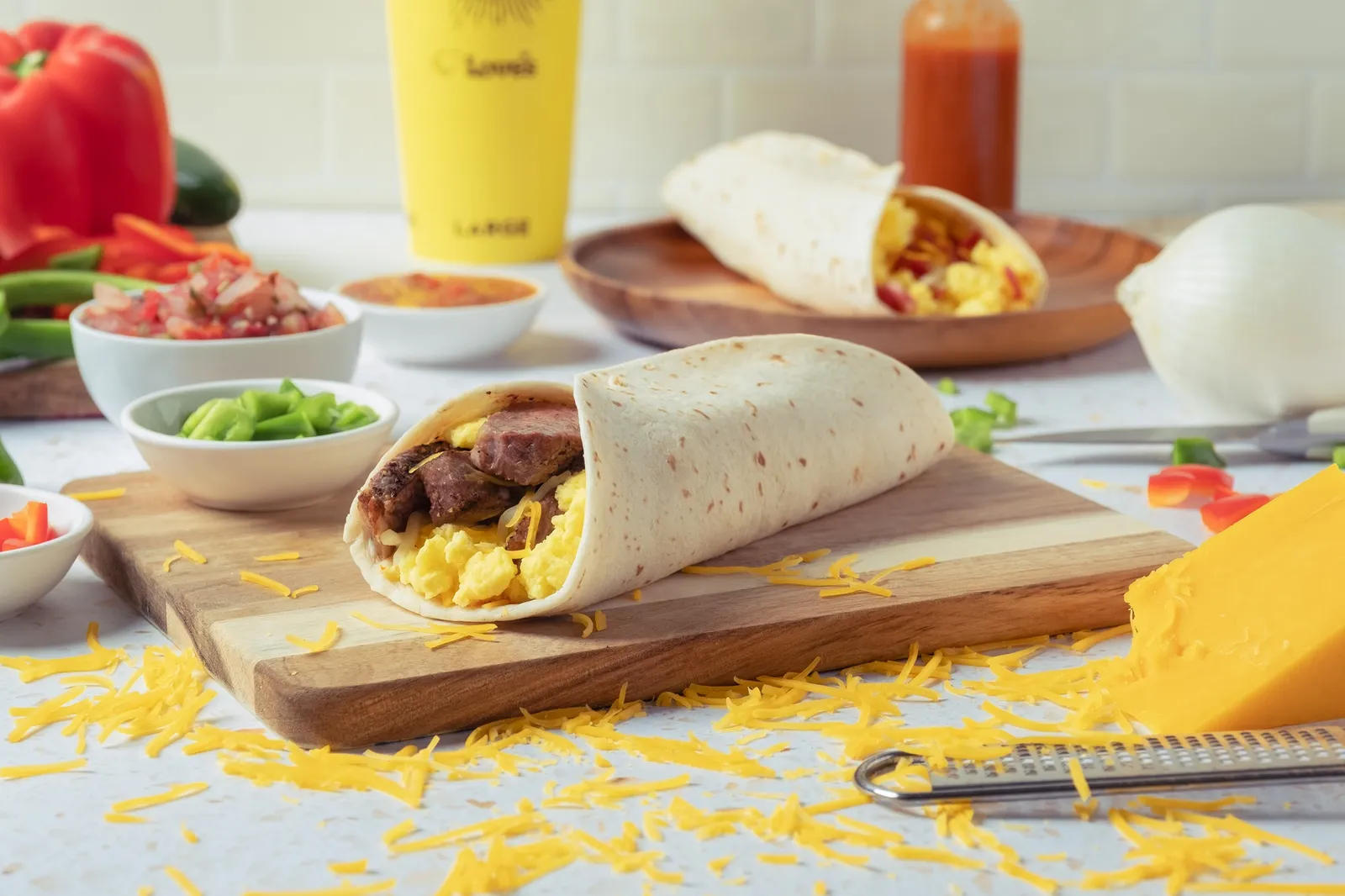 A photo of breakfast tacos on wooden plates along with fresh ingredients like cheese, onion and pepper, along with salsas in small white bowls, on a white table against a white background.