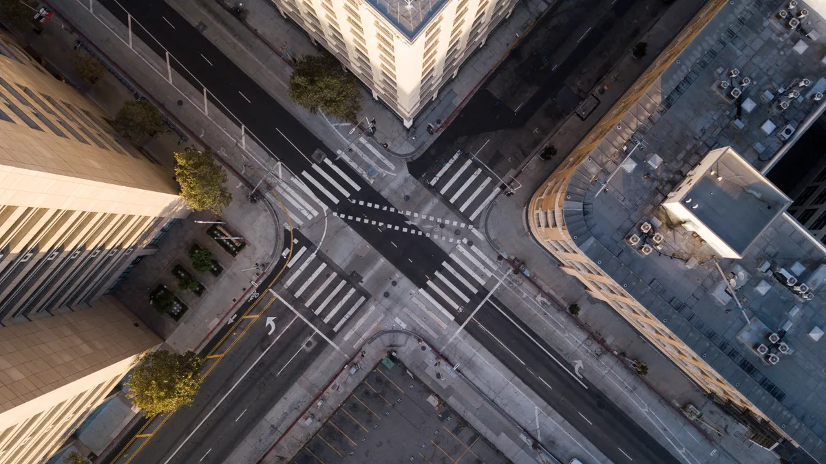 Aerial view of an empty intersection in downtown Los Angeles.