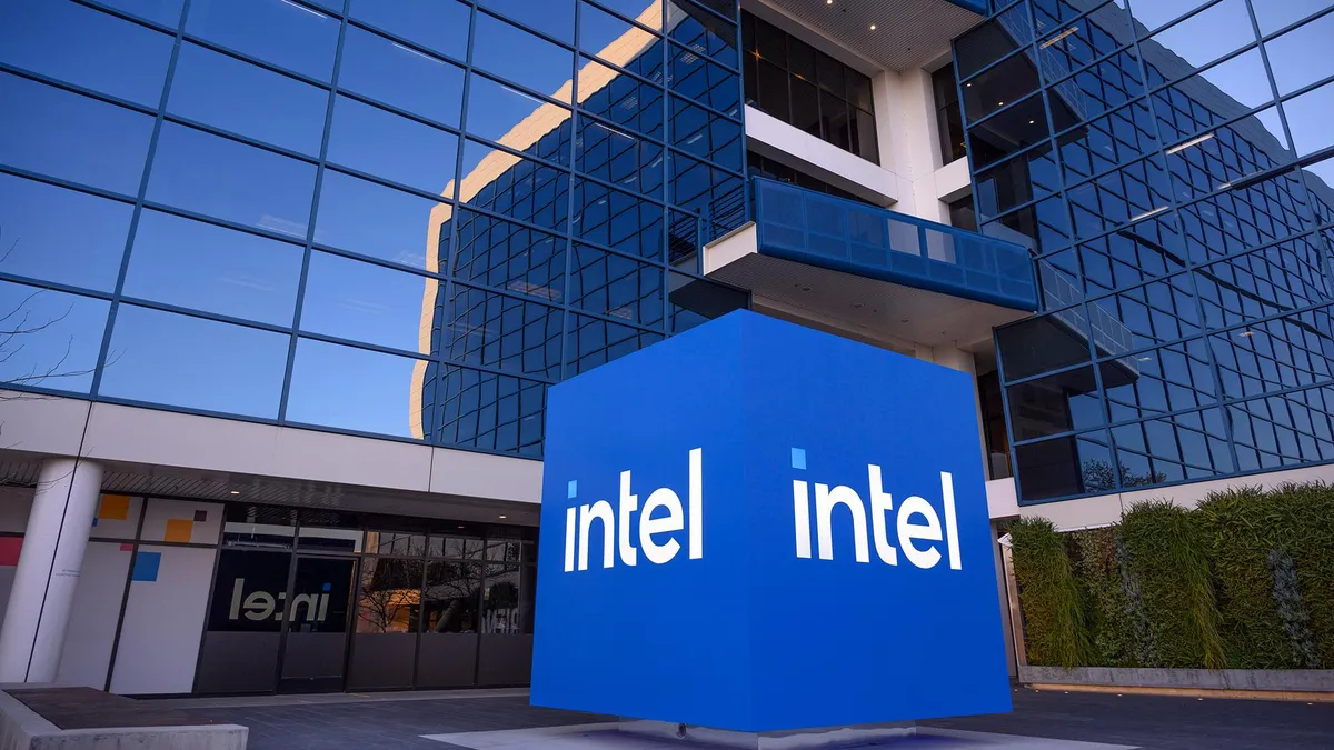 Blue Intel logo displayed outside of the Intel headquarters on January 16, 2014 in Santa Clara, California.