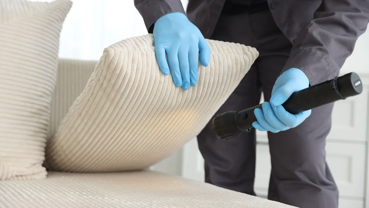 A pest control technician inspects furniture.