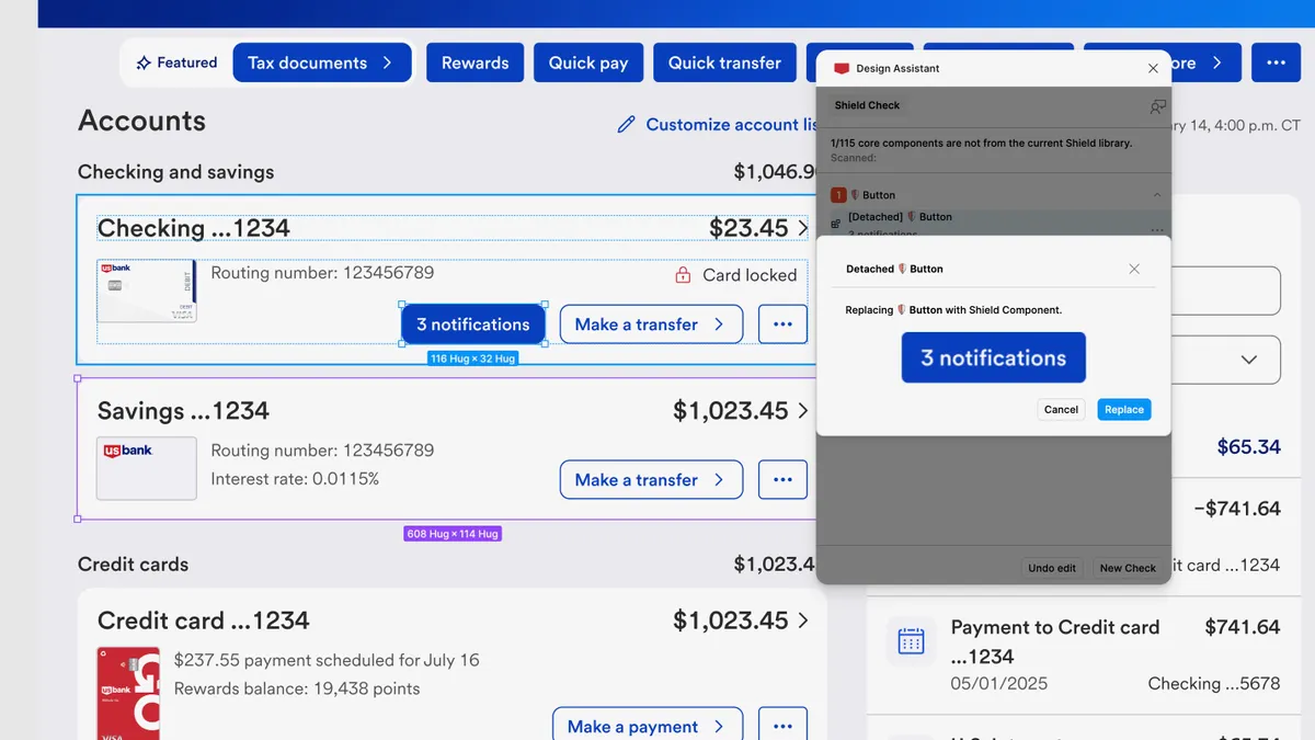 A screen shows a designer's view of a bank customer's home page, with a tool suggesting a design replacement.