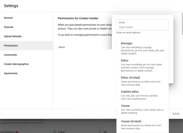 YouTube channel permissions