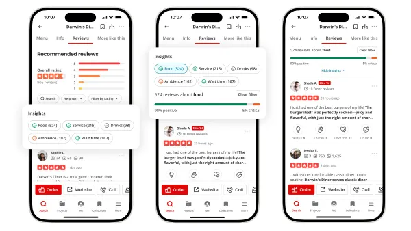 An image of three smartphone screens with various words and insights from Yelp reviews.