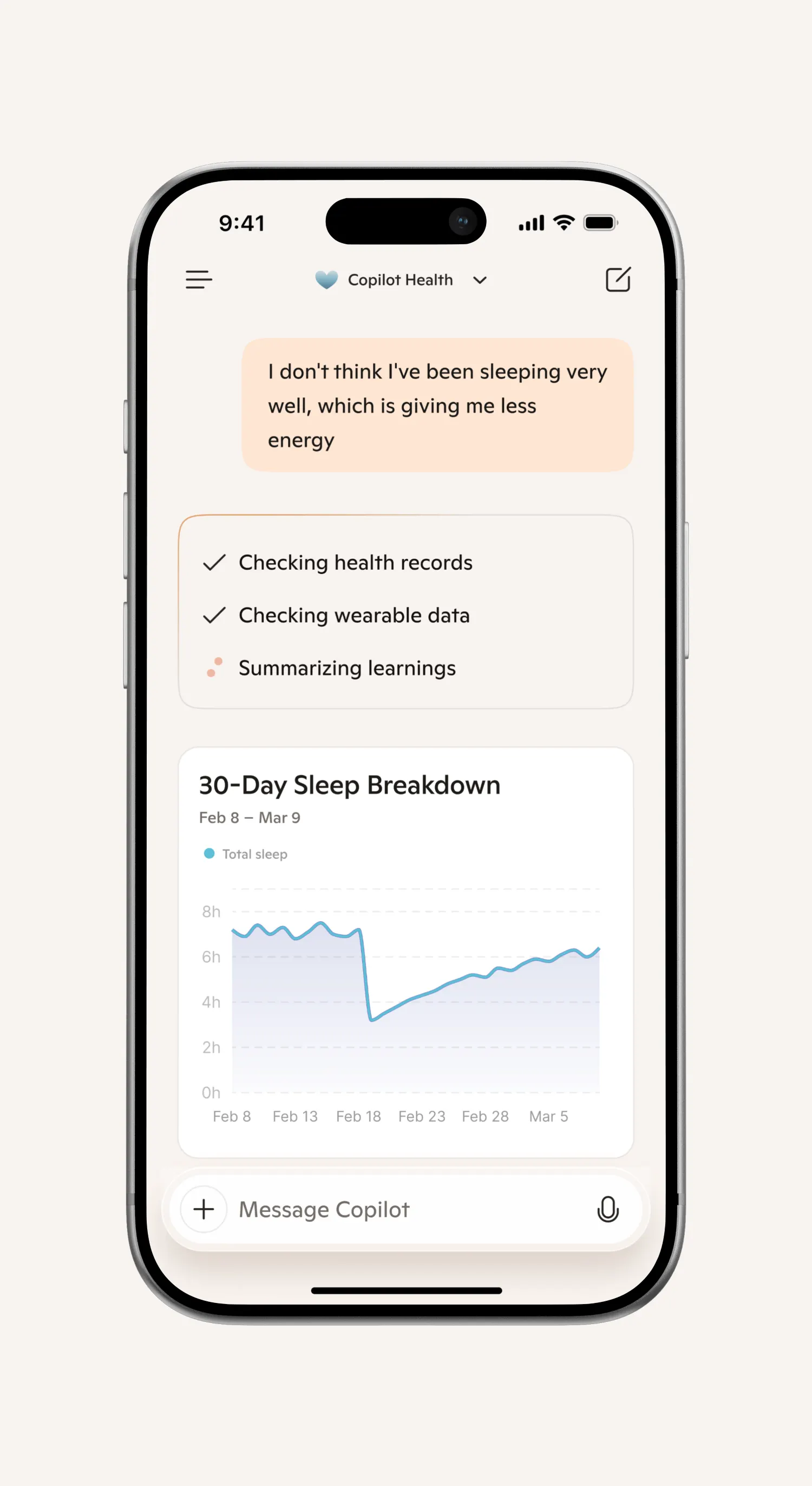 A screenshot of a Copilot Health chat on a phone, where a user is asking about sleep and the AI is providing a chart of their sleep dat trend.