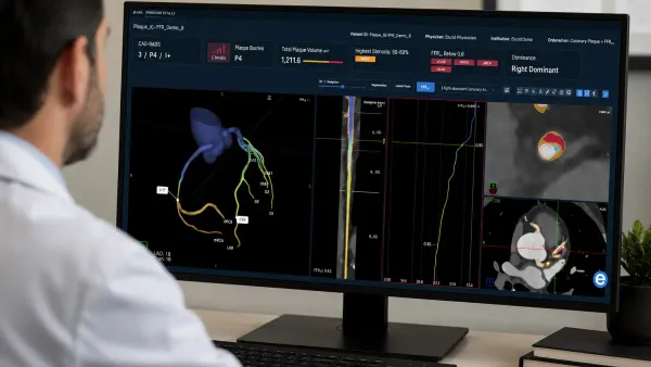 A healthcare professional sits in front of a computer with heart mapping technology displayed on the screen.